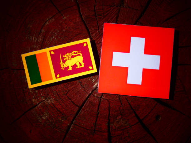 istock Sri Lankan flag with Swiss flag on a tree stump isolated 831821814