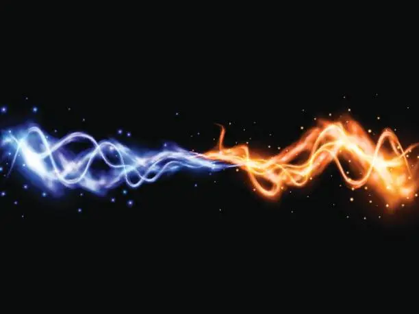 Vector illustration of Collision of two forces with yellow and blue lights. Vector light effect. Realistic lightnings