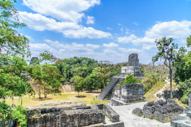 istock Panoramic view over Maya pyramids and temples in national park Tikal in Guatemala 831825388