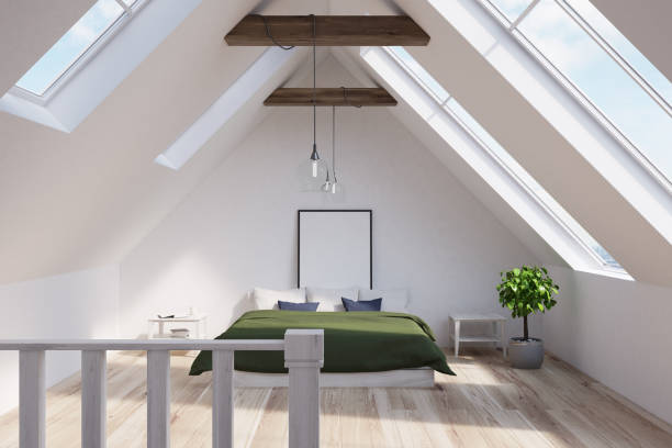istock Attic bedroom with a green bed, poster 831826096