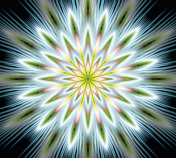 istock Vector fantasy flower mandala, closeup in fractal style, gritty colorful rays on black background 831826472