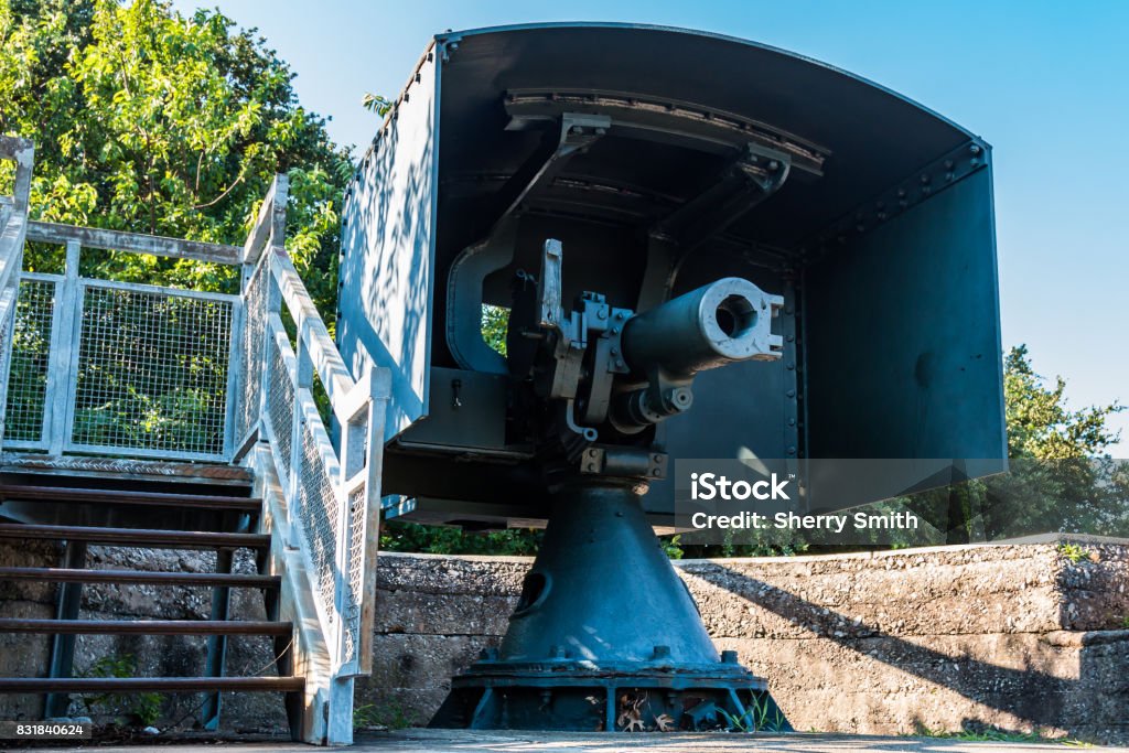Rear View of Rapid-Fire Gun at Fort Monroe Rear view of an Endicott-era, 3-inch, rapid-fire gun at Fort Monroe in Hampton, Virginia.  It lies on 2-story Battery Irwin which had 4 guns mounted on the upper level. Fort Stock Photo