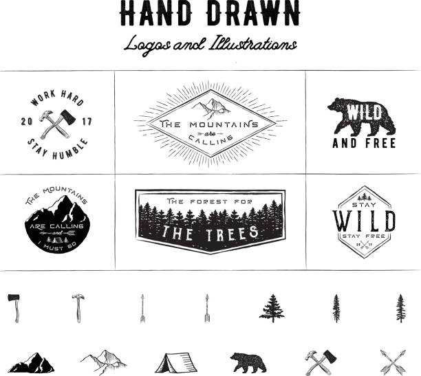 ilustraciones, imágenes clip art, dibujos animados e iconos de stock de ilustraciones y logos rústico - bear hunting