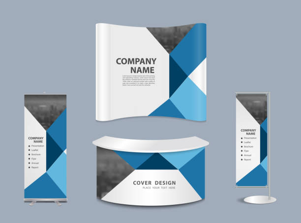 Advertising exhibition stand design Advertising exhibition stand design with promotional elements in corporate identity style isolated vector illustration booth design stock illustrations
