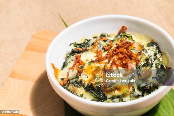 Bowl Of Fresh Vegetarian Spinach With Cheese And Fried Minced Sweet Pork Stock Photo - Download Image Now