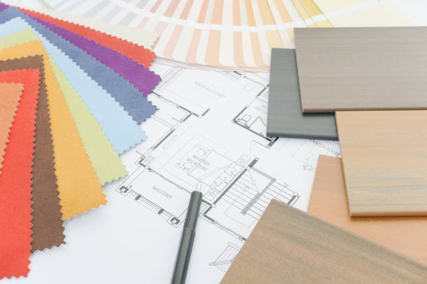 Interior designer's working table with sample of material stock photo