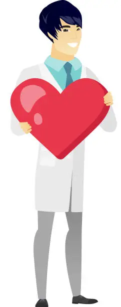 Vector illustration of Asian doctor holding a big red heart