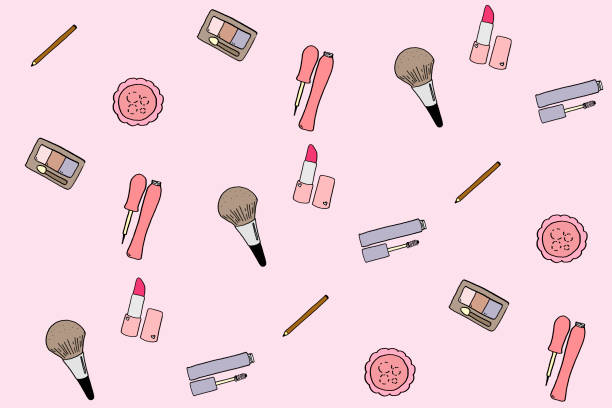 motivo vintage con icone cosmetiche. bellezza trucco disegnato a mano icona doodle illustrazione. - seamless make up blush cosmetics foto e immagini stock