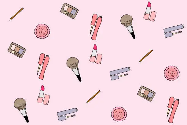 Photo of Vintage pattern with cosmetic icons. Beauty makeup hand drawn icon doodle illustration.