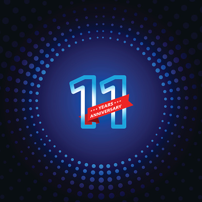 Vector of eleven years anniversary icon with blue color dot pattern background. EPS Ai 10 file format.