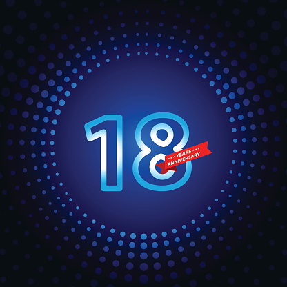 Vector of 18 years anniversary icon with blue color dot pattern background. EPS Ai 10 file format.