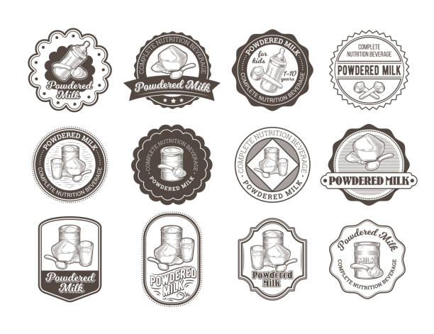 Set of vector illustrations of badges of dry milk. Set of vector illustrations, badges, stickers, labels for milk powder, baby food in the style of engraving isolated on white whip cream dollop stock illustrations