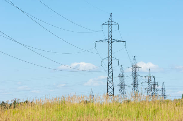 istock Power poles. Pole with wires. Steel structures supporting wires 831881066
