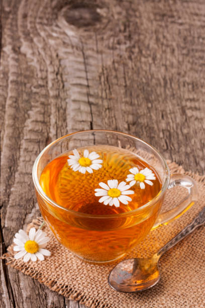 istock Herbal tea with fresh chamomile flowers on old wooden background with copy space for your text 831884294