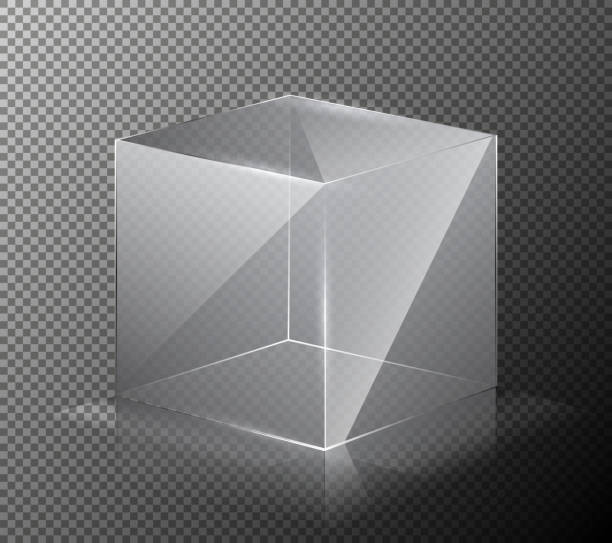 illustrazioni stock, clip art, cartoni animati e icone di tendenza di illustrazione vettoriale di un cubo di vetro realistico, trasparente, isolato su uno sfondo grigio. - translucent
