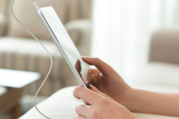 young beautiful chinese woman relaxes and plays with tablet in modern living room