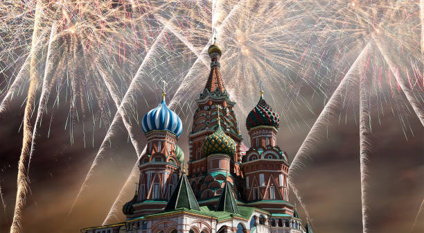 istock Fireworks over the Saint Basil cathedral ( Temple of Basil the Blessed), Red Square, Moscow, Russia 831889600