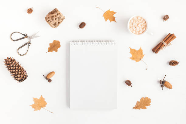 istock Cup of coffee, notebook, autumn leaves. Flat lay, top view 831895880