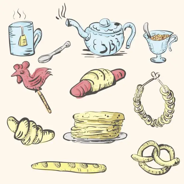 Vector illustration of Tea set and pastries and sweets