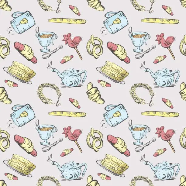 Vector illustration of Seamless pattern tea set and pastries and sweets 4