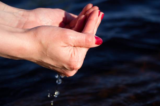 istock female hands water from the lake flows down from the palm 831911486