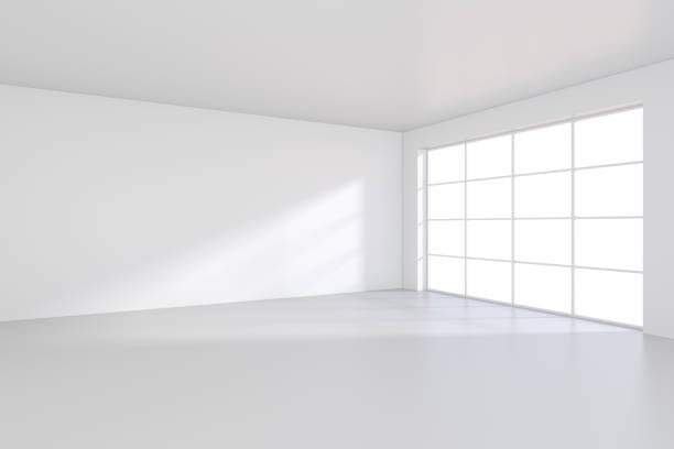 istock Large room with windows and falling light from the window to the floor. 3D rendering 831918684