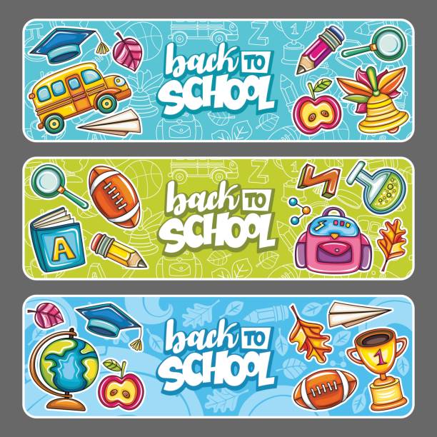 school_banners_11 Vector set of three children horizontal banners. Templates with supplies students tools. Cartoon icons of globe, bell, gold cup, school bus, backpack, football, leaves.  Back to school lettering text black border stock illustrations