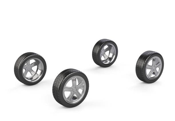 Four car wheels on a white background. 3d render illustration