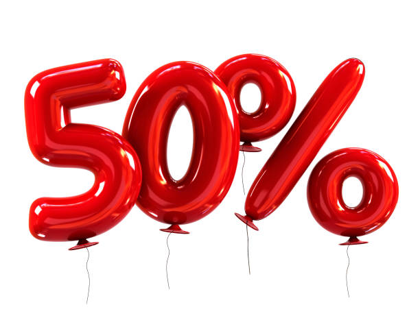 50% discount made of red helium balloons - 50 percent imagens e fotografias de stock