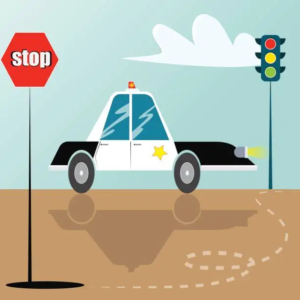 Vector illustration of Cartoon police car on a road with stop sign and trafic light. Vector illustration