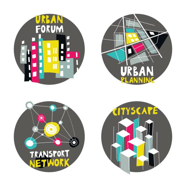 wektorowy zestaw okrągłych modnych ręcznie rysowanych kolorowych logo na temat urbanistyki, forum miasta, społeczności, architektury, nieruchomości. - urbanity stock illustrations