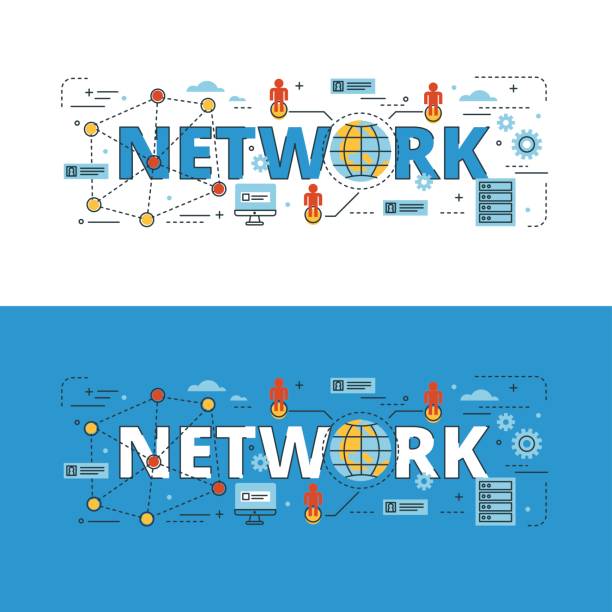 Network lettering flat line design Network lettering flat line design with icons and elements for book cover, report header, presentation,illustration, infographics, printing, website banner and landing page. tithe stock illustrations