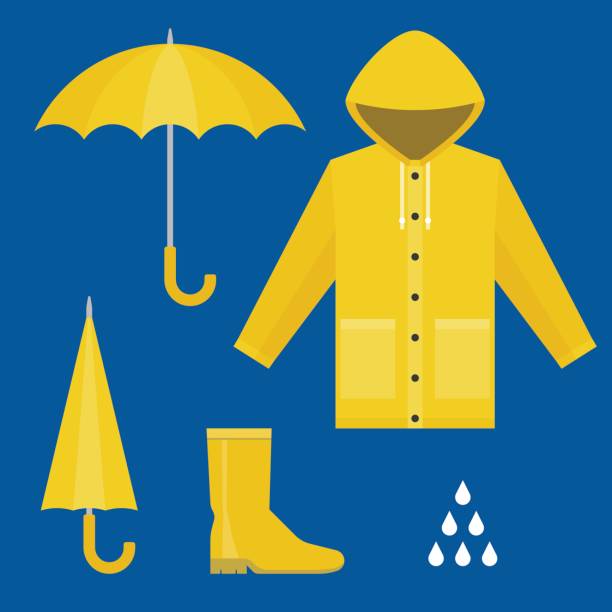 regenjacke, gummistiefel, öffnen und schließen regenschirm, regentropfen, regenzeit in flache design vektor-set - regenmantel stock-grafiken, -clipart, -cartoons und -symbole