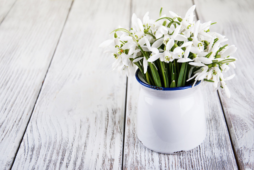 bouquet of snowdrops in a vase on a old wooden table