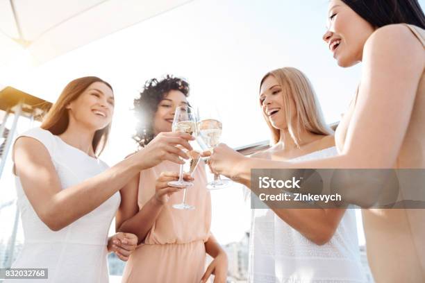 Joyful Happy Women Having A Celebration Stock Photo - Download Image Now - Party - Social Event, Women, Champagne