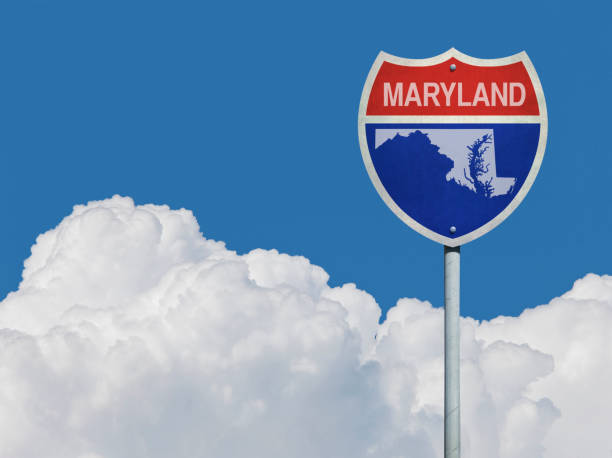Highway sign for Interstate road in Maryland with map in front of clouds Highway sign for Interstate road in Maryland with map in front of clouds maryland us state photos stock pictures, royalty-free photos & images