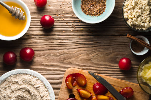 Ingredients for healthy breakfast on the wooden table top view