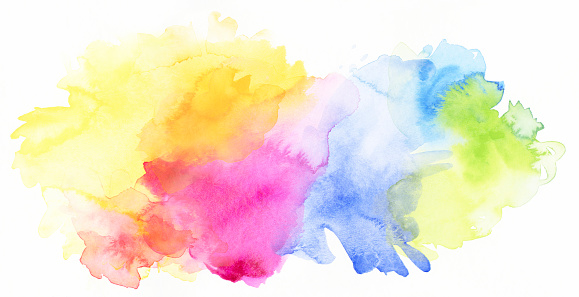 bright pastel rainbow colored watercolor paints and different colorful textures combined on white background