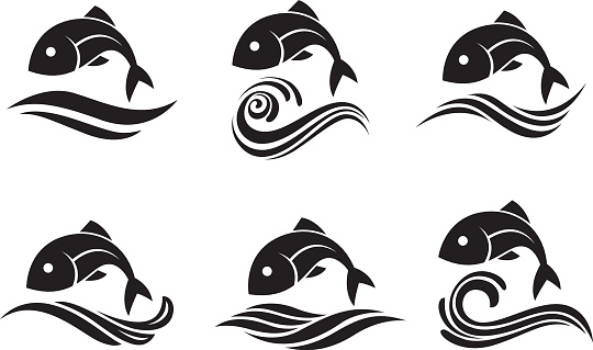 collection of fish icon with waves