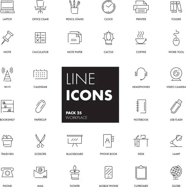 Vector illustration of Line icons set. Workplace