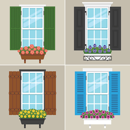 Vector set of windows with different types of shutters and flowers. Flat style.
