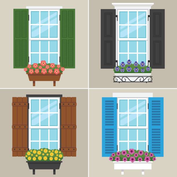 Window shutters Vector set of windows with different types of shutters and flowers. Flat style. shutter stock illustrations