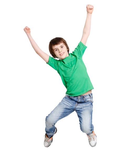 istock Happy laughing boy jumping on white isolated background 832085290