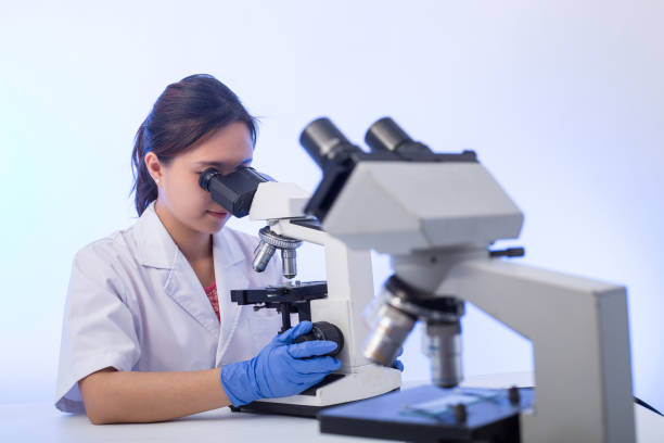 istock Laboratory microscope research. Scientist people study and anlaysis in lab room. 832092644