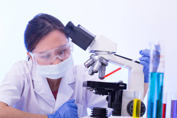 istock Laboratory microscope research. Scientist people study and anlaysis in lab room. 832092734
