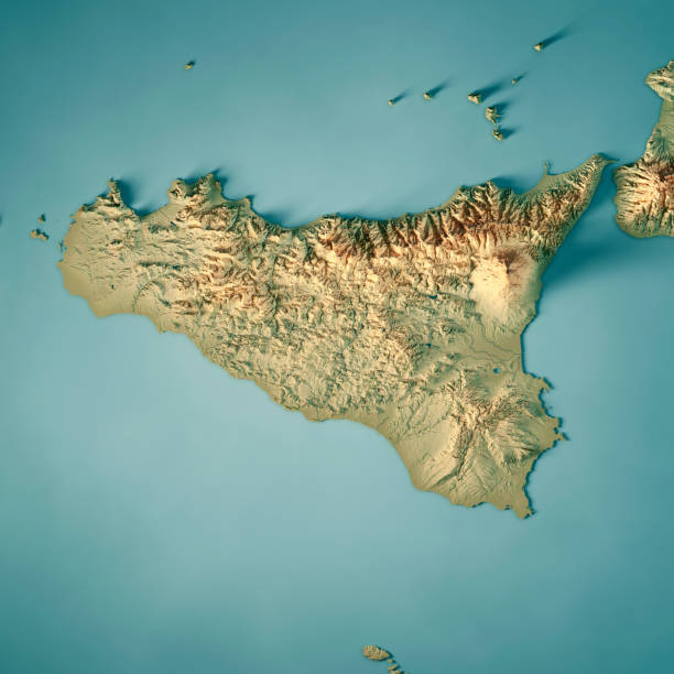 sicilia island italy 3d render topographic map - messina foto e immagini stock