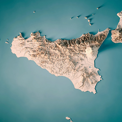 3D Render of a Topographic Map of Sicilia Island, Italy.\nAll source data is in the public domain.\nRelief texture and Rivers: SRTM data courtesy of USGS. URL of source image: \nhttps://e4ftl01.cr.usgs.gov//MODV6_Dal_D/SRTM/SRTMGL1.003/2000.02.11/\nWater texture: SRTM Water Body SWDB:\nhttps://dds.cr.usgs.gov/srtm/version2_1/SWBD/