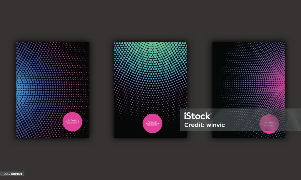 Neon halftone abstract flyer design set, vector illustration. Glowing futuristic pattern, black cover, disco club invitation concept. Poster stock vector