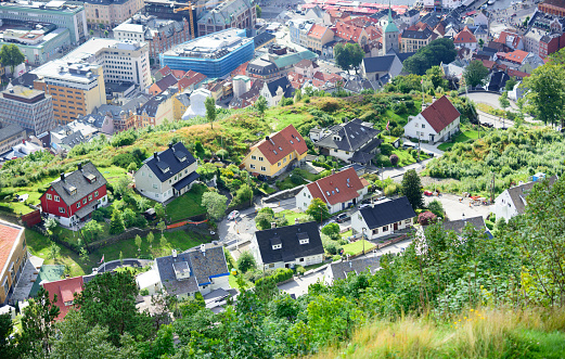 Idyllic view of villas, from top of Mount Fløyen. Bergen city in background.
