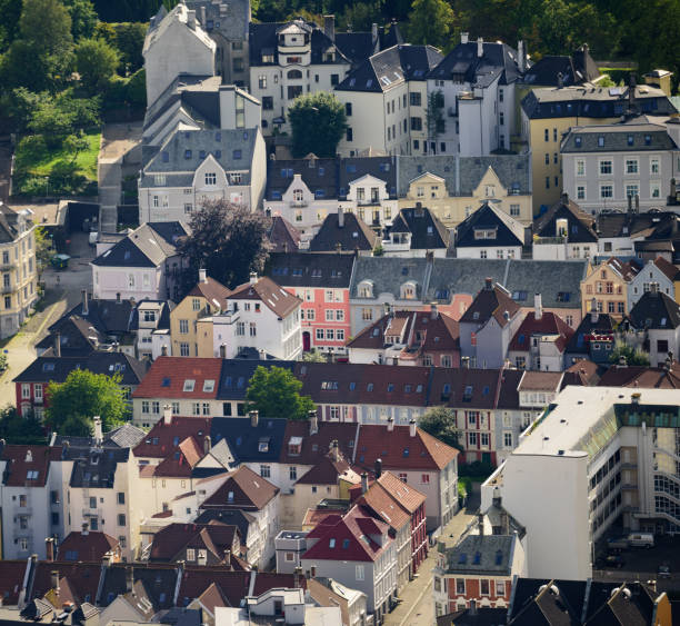 Aerial view of town houses, from top of Mount Fløyen. Bergen city Aerial view of town houses, from top of Mount Fløyen. Bergen city fløyen stock pictures, royalty-free photos & images